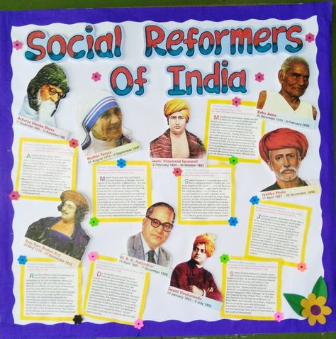 Social Reformers of india Social Reformers Of India Chart, Social Science Chart Ideas, Indian History Project Ideas Creative, Social Reformers Of India, Charts For Classroom Decoration, Social Studies Teaching Strategies, Women History Month Bulletin Board, Social Reformers, Teacher Classroom Posters