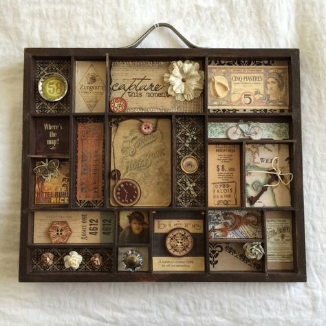 One of a kind shadow box ! A time in the past. Boho Shadow Box Ideas, Mini Shadow Box Ideas, Unique Shadow Boxes, Tile Board, Diy Shadow Box, Travel Keepsakes, Diy Farmhouse Decor, Wood Tile, Cardboard Crafts