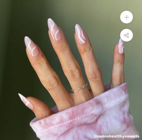 White Swirl Almond Nails, White Swirly Nails, Almond Nails White, Natrual Nails, Swirly Nails, Nails Acrylic Almond, Almond Nails Pink, Pale Pink Nails, Swirl Nail Art