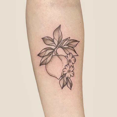 Black And White Peach Tattoo, Peach Branch Tattoo, Peach Tree Tattoo, Peach Tattoo Ideas, Peaches Tattoo, Peach Blossom Tattoo, Peach Tattoo, Anniversary Tattoo, Olive Branch Tattoo