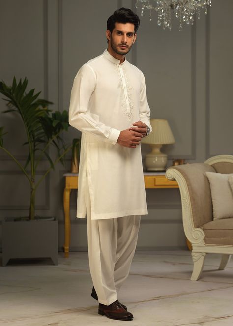 BEHNAM – ShamshaHashwani Boski Shalwar Kameez Men, Muslim Outfit, Muslim Men, 2 Piece Outfit, Cotton Kurta, Shalwar Kameez, Thread Embroidery, Straight Trousers, Add Ons