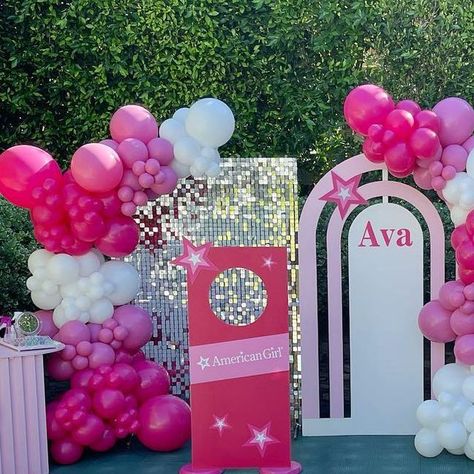 Little Wishes•Kids Parties•Balloon Decor•Teepee Sleepovers on Instagram: "American Girl Doll Party for Ava’s 9th Birthday!💕 Cutest favors @petitenpretty  In case you missed it, we now provide custom favors for your party guests!🎀 . . . . . . #americangirldoll #americangirldollparty #americangirldolltheme #pinkparty #americangirldolltheme #girlsbirthday #kidsparty #kidspartyideas #girlsparty #balloonbackdrop #rainbowwall #rainbowbackdrop #favorwall #palisades #pacificpalisades #littlewishesparties🎉" American Girl Themed Birthday Party, American Girl Party Ideas, American Girl Doll Birthday Party, American Girl Doll Party, American Girl Party, American Girl Birthday Party, Kids Party Balloons, American Girl Birthday, American Girl Parties