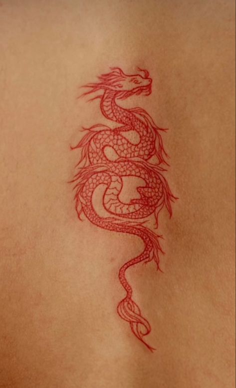 Red Fine Line Dragon Tattoo, Red Ink Rib Tattoo, Red Dragon Tattoos, Red Dragon Back Tattoo, Dragon Tattoo Ankle, Red Snake Tattoo, Dragon Tattoo Back, Red Tattoo Ideas, Red Dragon Tattoo