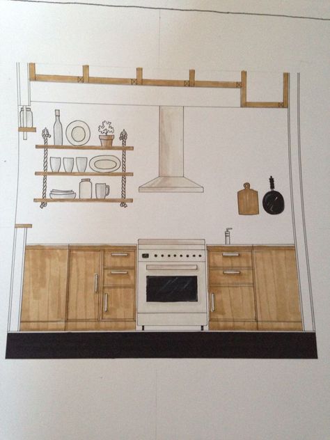 Kitchen Interior Design Drawing, Architecture Drawing Kitchen, Beginner Interior Design Sketches, Dream Kitchen Drawing, Kitchen Sketch Drawing Interior Design, Interior Design Kitchen Drawing, Interior Design Drawings For Beginners, Interior Design Sketches For Beginners, Kitchen Design Sketch