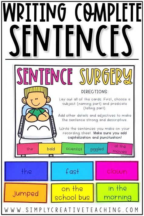 These writing complete sentences resources are perfect for teaching 1st grade, 2nd grade, and 3rd grade students how to write complete sentences. They include anchor charts, posters, worksheets, complete sentence centers, and more! Students will learn about subjects & predicates. They will practice how to expand sentences, how to stretch a sentence, and writing descriptive sentences. This is a great resource for sentence structure! 3rd Grade Sentence Structure Activities, Writing Sentences Worksheets 3rd Grade, Teaching Sentence Writing, Teaching Sentence Structure, Descriptive Sentences, Teaching Sentences, Complex Sentences Worksheets, Writing Sentences Worksheets, Writing Complete Sentences