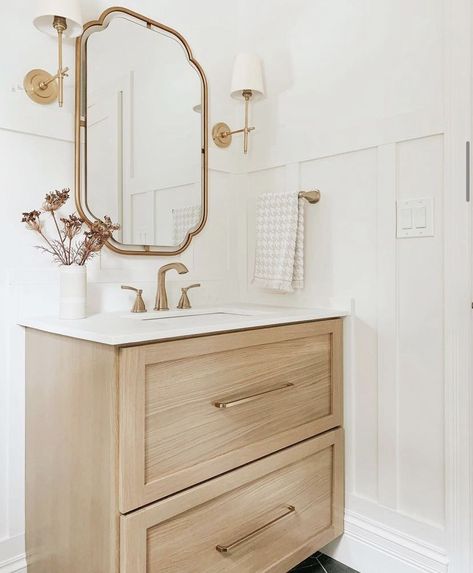 Floating Wood Vanity Powder Room, Natural Half Bathroom Ideas, Half Bath Wood Vanity, Powder Bath Wainscoting, Wood Finish Bathroom Vanity, 36” Bathroom Vanity Ideas, Small Floating Bathroom Vanity, French Country Half Bath, Powder Room Floating Vanity