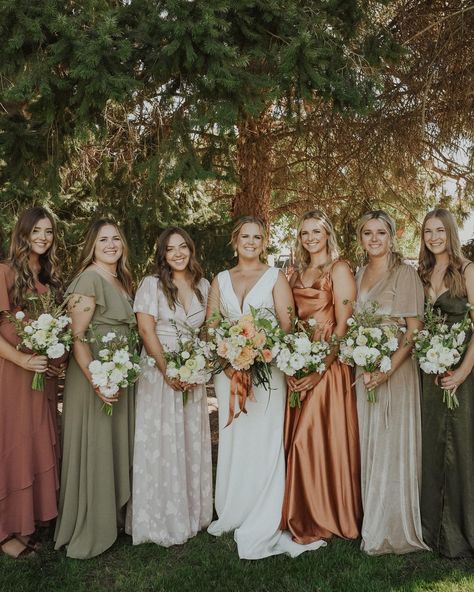 Earthy Bridesmaid Dresses Color Palettes, Earth Toned Bridesmaid Dresses, Miss Match Bridesmaids, Sage Bridesmaid Dresses Mismatched, Bachelorette Party Location Ideas, Groomsmen And Bridesmaids Colors, Mix Matched Bridesmaid Dresses, Brave Wedding, Mismatched Green Bridesmaid Dresses