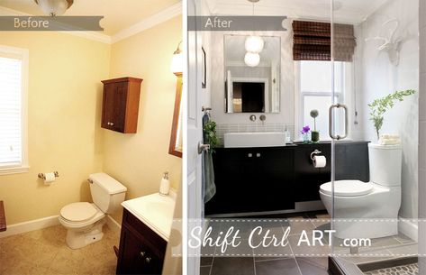 Half Bath Into Full Bath, Full Bath Remodel, Half Baths Ideas, Full House Remodel, Bathroom Remodel Small Diy, Modern Powder Rooms, Half Bathroom Remodel, Basement Remodel Diy, Budget Bathroom Remodel