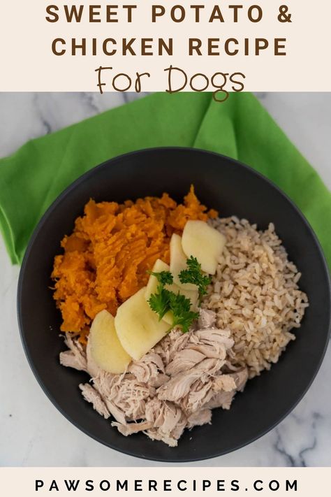 Homemade Chicken & Sweet Potato Dog Food Dog Food With Sweet Potato, Puppy Thanksgiving Food, Chicken And Sweet Potato Dog Food, Meals For Dogs Homemade, Dog Food Chicken Recipes, Homemade Dog Food Recipes Chicken, Chicken Recipes For Dogs, Homemade Dog Food Chicken, Homemade Dog Food With Chicken