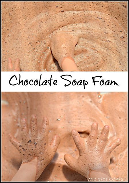 Chocolate soap foam - scented sensory play activity for toddlers and preschoolers from And Next Comes L Hot Chocolate Activities For Toddlers, Sensory Buckets, Foam Sensory Play, Chocolate Activities, Roald Dahl Activities, Sensory Play Recipes, Toy Library, Roald Dahl Day, Candyland Theme