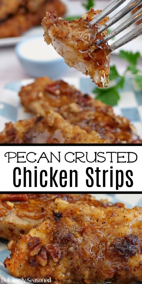 Pecan Crusted Chicken, Chicken Main Dish Recipes, Chicken Boneless Breast Recipes, Chicken Strip Recipes, Crusted Chicken Recipes, Crusted Chicken Tenders, Honey Drizzle, Pecan Chicken, Bbq Chicken Salad