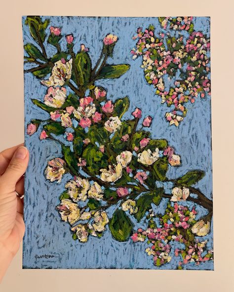 Apple Blossom Branch, Blooming Apple, Blooming Apples, Blossom Branch, Apple Blossoms, Oil Pastel Paintings, Oil Pastels, Pastel Drawing, Apple Blossom