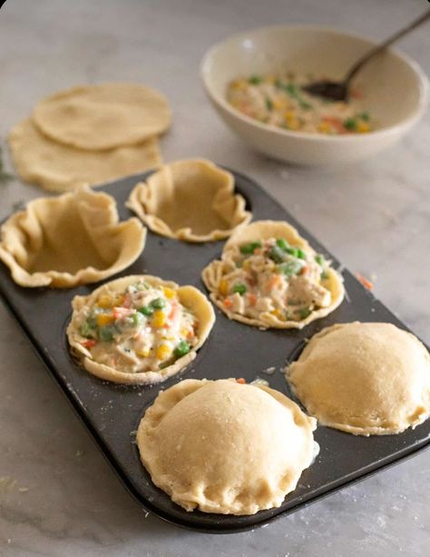 Muffin Tin Chicken Pot Pie, Skillet Pot Pie, Baking Corner, Individual Chicken Pot Pies, Chicken Pot Pies, Mini Chicken Pot Pies, Lions Den, Tiktok Recipes, Cheddar Biscuits