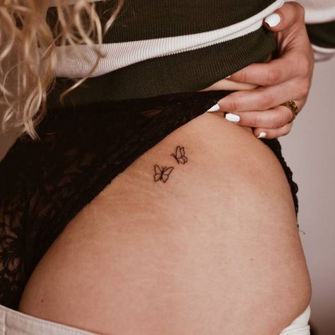 Butterfly Hips Tattoo, Small Simple Hip Tattoos, Butterfly Tattoo Hip For Women, Butterfly On Hip Tattoo, Butterfly Hip Tattoos Women, Butterfly Bum Tattoo, But Cheek Tattoo, Bum Cheek Tattoo Women, Minimalist Back Tattoo Women