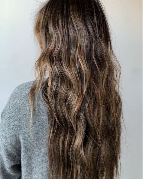 Long Brown Hair One Length, Beach Hair Dye Ideas, Surf Brunette Hair, Beachy Wedding Hair Long Brunette, Caramel Balayage Layered Hair, Brunette Surfer Hair Balayage, Beach Brown Hair Highlights, Salty Brunette Hair, Beach Brunette Hair Balayage