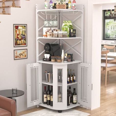 Corner Bar Cabinet with Charge Station and LED Light, Liquor Display Cabinet with Glass Holder - Brown - Bed Bath & Beyond - 40769723 Corner Wine Cabinet, Corner Sideboard, Shelf Pantry, Liquor Display, Corner Bar Cabinet, Charge Station, Food Shelf, Corner Bar, Appliances Storage