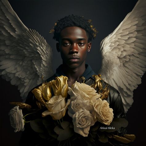 Divine Ebony: A Renaissance Vision of a Young Angel" is a stunning masterpiece inspired by the art of the Renaissance era. The painting features a black young male angel with graceful wings, while holding golden and white roses. Created by an artificial intelligent, it blends classical and contemporary styles, creating a unique and captivating piece of art. Ethereal Art Male, Black Male Angel, Male Angel, Black Male Models, Black Angel, Angel Outfit, White Wings, Black Angels, Black Wings