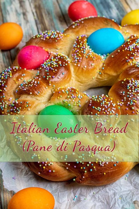 Overhead view of braided Italian Easter bread with dyed eggs and colorful sprinkles. Italian Sweet Bread, German Easter Bread, Italian Easter Bread Recipes, Italian Easter Cheese Bread, Easter Bread Recipes, Italian Ricotta Easter Bread, Easter Sweet Bread Italian, Italian Easter Bread With Anise, Easter Dinners