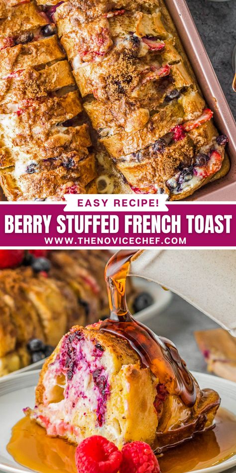 Thick slices of French bread are slathered with sweet cream cheese and tangy berries to create this irresistible Berry Stuffed French Toast! It is the best way to start off your weekend! Berry Cream Cheese French Toast Casserole, Berry Stuffed Croissant French Toast, French Bread Sandwich Ideas, Baked Stuffed French Toast, Stuffed French Toast Bake, Overnight Stuffed French Toast, Stuffed French Toast Casserole, Gourmet French Toast, Easy Stuffed French Toast