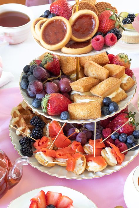 Tea Party featuring classic European treats Tea Party Hors D’oeuvres, Tea Party Pastries, Treats To Make At Home, Pancake Skewers, Afternoon Tea Party Decorations, Fancy Snacks, Tea Party Snacks, Bday Food, High Tea Menu