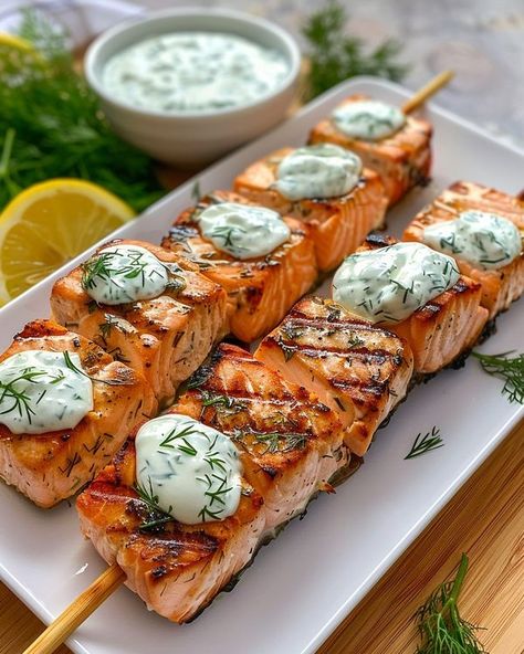 Fish Skewers, Grilled Salmon Skewers, Grilled Salmon Skewers With Creamy Dill Yogurt Sauce, Grilled Salmon Skewers With Dill Sauce, Citrus Salmon Skewers Ree Drummond, Herby Miso Grilled Salmon Skewers, Salmon Skewers, Skewer Recipes, Yogurt Sauce