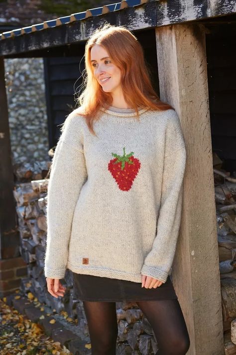 Knit Strawberry Sweater, Crochet Strawberry Sweater, Strawberry Jumper, Strawberry Knit, Strawberry Sweater, Crochet Apple, Welly Socks, Crochet Strawberry, White Jumper