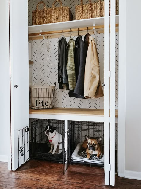 Entryway Closet Makeover | Sammy On State Entryway Ideas With Coat Closet, Small Entryway Coat Closet, Coat Closet Shelves, Entry Closet To Mudroom, Entry Closet Built In, Hallway Closet Mudroom, Closet Entryway Makeover, Dog Kennel Closet, Hall Closet Into Mudroom