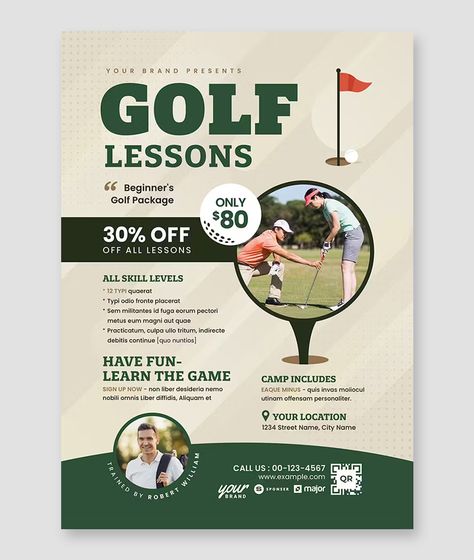 Golf Lessons Flyer Template AI, EPS Golf Flyer Design, Golf Camp, Name Train, Golf Events, Golf Poster, Golf Event, Invitation Flyer, Event Branding, Camping Games