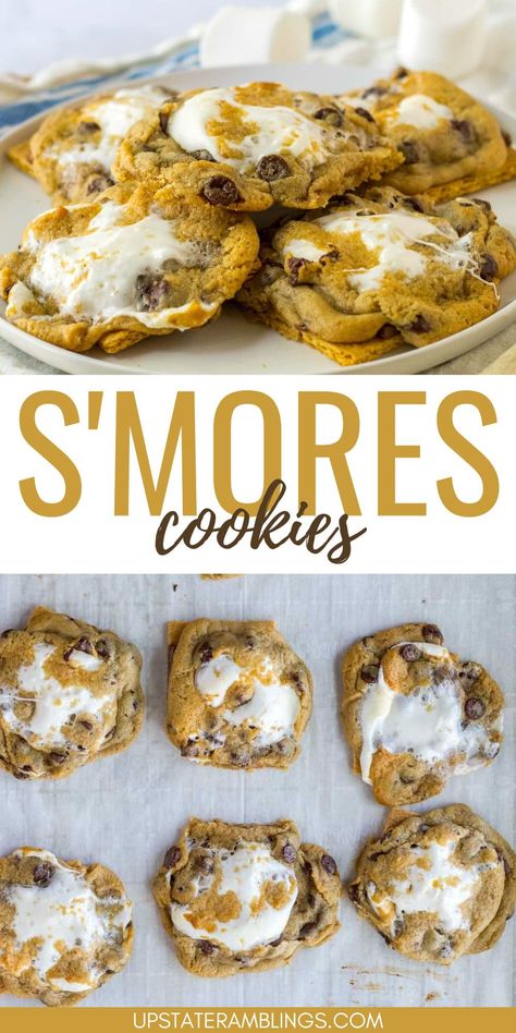 Chocolate Cookie With Marshmallow On Top, Toasted Marshmallow Cookies, Smores Stuffed Cookies, Crockpot Chocolate Chip Cookie S’mores, Cookie Dough Smores, Chocolate Smores Cookies, Smore Cookies, Chocolate Chip Marshmallow Cookies, 4 Ingredient Cookies