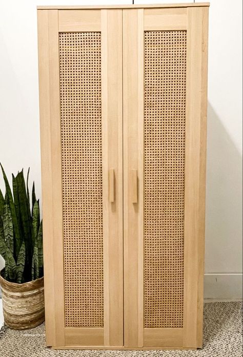 Boho Bedroom Cupboard, Boho Cupboard Ideas, Diy Boho Wardrobe, Ikea Cane Cabinet, Aneboda Wardrobe Hack, Boho Cupboard, Rattan Cupboard, Ikea Aneboda, Cane Cabinet