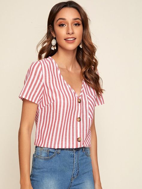 Vertical Striped Shirt, Shirt Style Tops, Summer Blouses, Casual Stripes, Women Blouses, Shein Tops, Grey Shirt, Casual Blouse, Striped Blouse