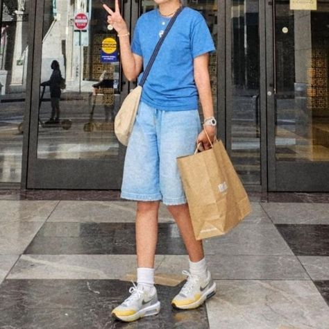 jorts and t shirt combo <3 - jorts / t-shirt / baggy / tomboy / sneakers / outfit inspo / ootd / shopping / blue clothes / tote bag / fashion / Adam Sandler core Tomboy Sneakers, Adam Sandler Core, Baggy Tomboy, Blue Clothes, Light Blue Shirt, Oversized Outfit, Adam Sandler, Light Blue Shirts, Sneakers Outfit