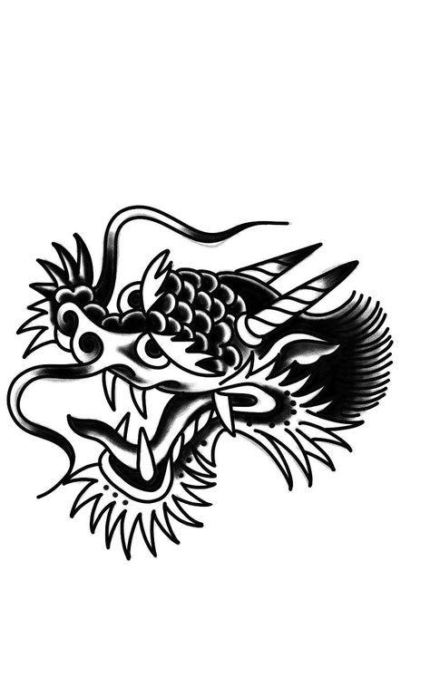 Dragon Head Tattoo Traditional, American Traditional Dragon Tattoo Black, Trad Dragon Tattoo, Traditional Dragon Head Tattoo, Old School Black Tattoo, Old School Dragon Tattoo, Classic Tattoo Old School, Dragon Tattoo Traditional, Oldschool Tattoo Black