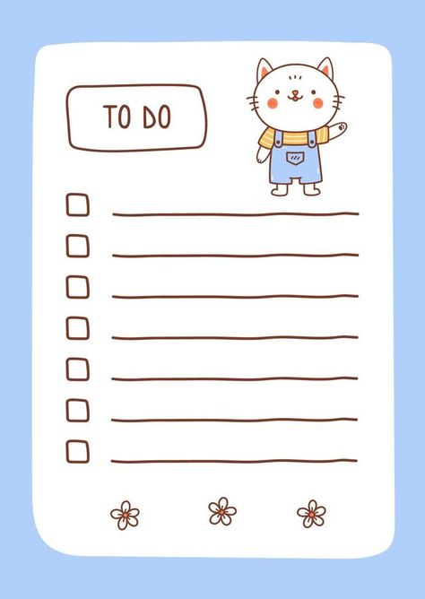 To do list template decorated by kawaii cat. Cute design of schedule, daily planner or checklist. Vector hand-drawn illustration. Perfect for planning, notes and self-organization. Cute To Do List Ideas Diy, To Do List Kawaii Printable, To Do List Aesthetic Study, To Do List Template Aesthetic, Kawaii To Do List, To Do List Aesthetic, Cute To Do List, Checklist Design, To Do List Ideas