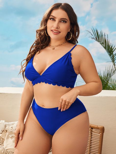 Royal Blue Casual Collar   Plain  Embellished High Stretch  Plus Size Beachwear Swimsuit Shein, Pantyhose Fashion, Scallop Trim, Bras And Panties, One Piece Swimwear, Spring Outfits, Plus Size Fashion, Bathing Suits, Ruby