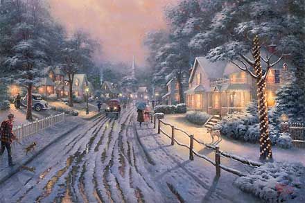 Paintings of Thomas Kinkade | HubPages Christmas Season Wallpaper, Laptop Screensavers, Hometown Christmas, Thomas Kinkade Christmas, Nostalgic Christmas, Mac Wallpaper, Christmas Memories, Thomas Kinkade, Christmas Memory