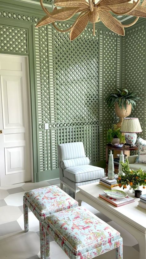 jenkins interiors | lattice give thanks. #customlatticework #sunroom | Instagram Trellis Rooms, Jenkins Interiors, Beach Airbnb, Modern Chinoiserie, Bahamas Beach, Lattice Wall, Green Paint Colors, Comfortable Sofa, New Living Room