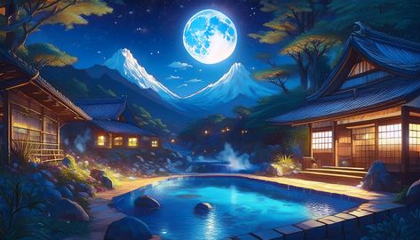 A tranquil night scene showcases a traditional Japanese onsen surrounded by lush greenery and mountains, under the light of a full, luminous moon. The serene, blue waters of the hot spring reflect the soft glow from the moon, creating a peaceful and magical atmosphere perfect for relaxation and reflection.  anime, night, onsen, moon, mountains, serene, blue, hot spring, tranquility, Japanese, traditional, nature, peaceful, anime landscape, nice wallpaper, relaxing. Hot Spring Anime, Onsen Aesthetic, Wallpaper Relaxing, Nature Peaceful, Anime Night, Nice Wallpaper, Japanese Onsen, Anime Landscape, Japanese Hot Springs