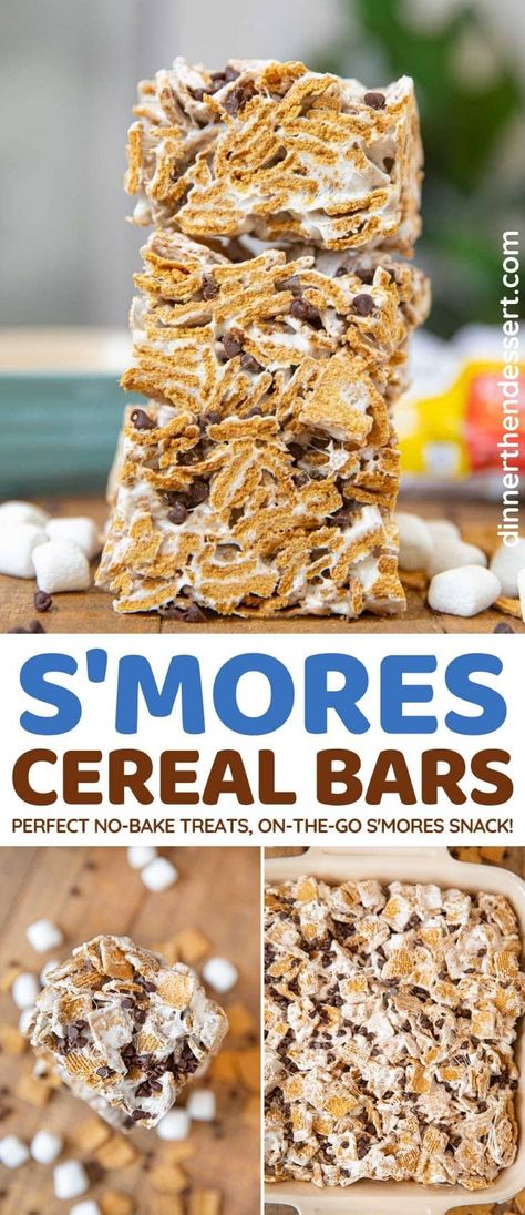 S'mores Cereal Bars are gooey no-bake treats perfect all school year and summer long. #dessert #smores #cerealbars #goldengrahams #chocolatechips #marshmallow #sweettreats #dinnerthendessert Cereal Bars Recipe, Dessert Smores, Smores Snacks, Cereal Bars Recipes, Pot Roast Beef, Chicken Sloppy Joes, Appetizing Food, Golden Grahams, Summertime Snacks