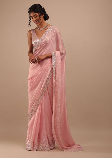 Transparent Saree Blouse, Pink Sequin Saree, Blouse Designs Saree, Baby Pink Saree, Pink Blouse Designs, Sequins Saree, Simple Saree Designs, Sequin Saree, Saree Draping