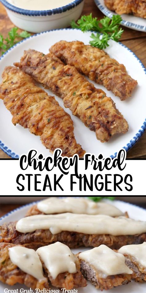 A double photo collage of chicken fried steak fingers on a white plate with blue trim. Air Fryer Chicken Fried Steak Fingers, Steak Fingers Recipe, Chicken Fried Steak Bites, Deep Fried Steak, Chicken Fried Steak Fingers, Fried Steak Fingers, Tender Cube Steak, Country Gravy Recipe, Steak Fingers