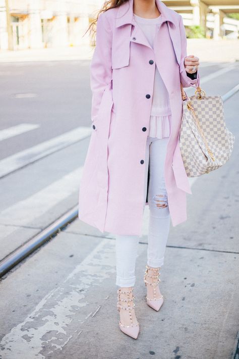 10 Easy To Copy Outfits That Will Make You Look Expensive, pink trench coat, spring trench coat Pink Trench Coat Outfit Winter, Pastel Pink Coat Outfits, Pink Plaid Coat, Damier Azur Outfit, Chic Pink Winter Sweater Coat, Emily In Paris Pink Coat, Lv Outfit, Heels Valentino, Pink Valentino