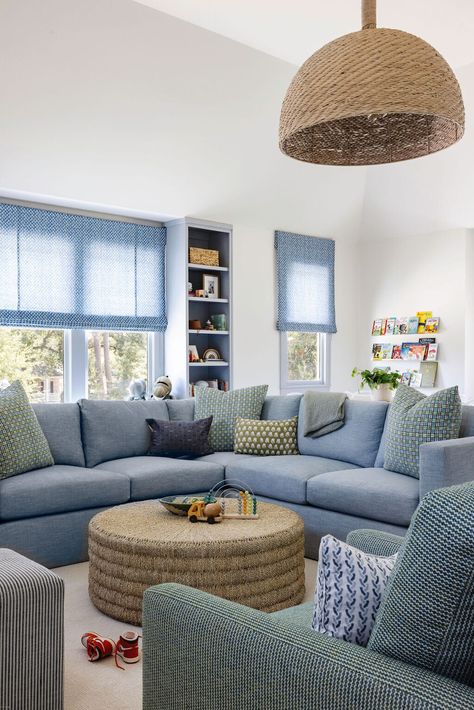 Blue Couch Playroom, Oyster Creek Studios, Conversation Pit, Blue Couch, Living Room Den, Blue Couches, Living Rooms, Reno, Dream House