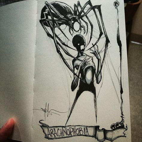 Arachnophobia #Inktober Artist: Shawn Coss Phobia Drawing, Spiders Drawing, Fear Of Spiders, Art Sinistre, Shawn Coss, Creepy Drawings, Drawing Ideas Easy, Cross Art, Illustration Art Drawing