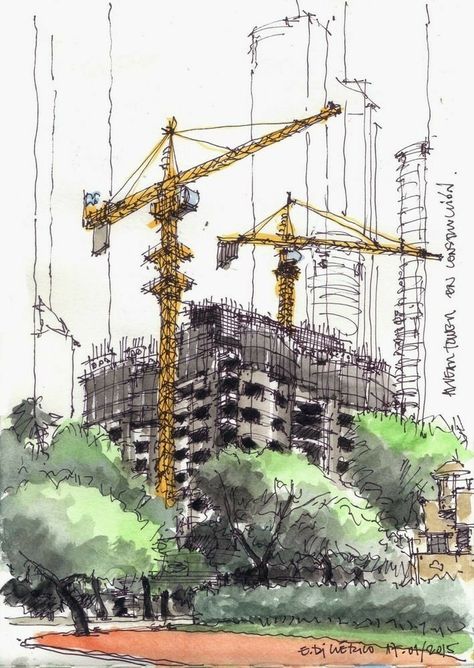 Construction Painting, Crane Drawing, Construction Drawing, Construction Art, Civil Engineering Design, Watercolor Architecture, Architecture Sketchbook, Architecture Concept Drawings, Image 3d