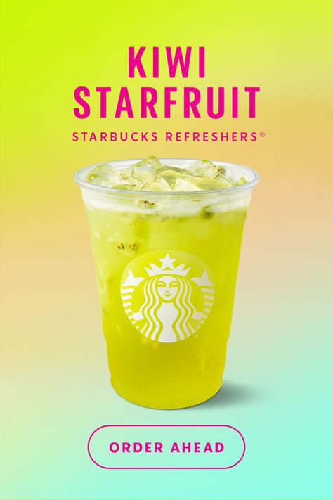 Dive into summer with our new Kiwi Starfruit Starbucks Refreshers® Iced Beverage. Tart kiwi meets sweet starfruit for thirst-quenching thrills. Wine Flyer, Starbucks Smoothie, Starbucks Poster, Chobani Yogurt, Potato Bacon Soup, Iced Starbucks Drinks, Healthy Starbucks Drinks, Enjoy Your Coffee, Starbucks Diy