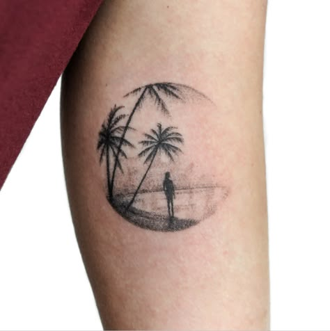 Sunset Beach Tattoo, 3 Friends Tattoo, 3 Friend Tattoos, Tattoo Beach, Beach Tattoos, Friends Tattoo, Palm Tree Design, Wave Tattoo, Tattoos Inspo