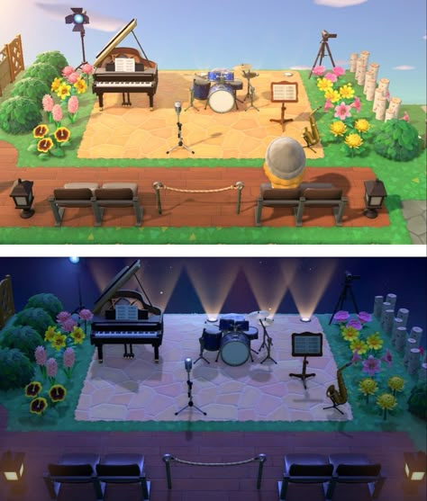 Animal Crossing Band Area, Concert Acnh, Acnh Concert Stage, Acnh Stage Area, Acnh Band Area, Animal Crossing Concert Area, Animal Crossing Pergola Ideas, Pergola Animal Crossing, Animal Crossing Gazebo Ideas