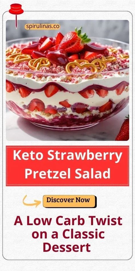 Keto Strawberry Pretzel Salad A Low Carb Twist on a Classic Dessert Strawberry Pretzel Jello Salad, Jello Pretzel Salad, Dessert Salad Recipes, Strawberry Pretzel Salad Recipe, Strawberry Salad Recipe, Strawberry Pretzel Dessert, Jello Dessert Recipes, Strawberry Pretzel Salad, Keto Fruit