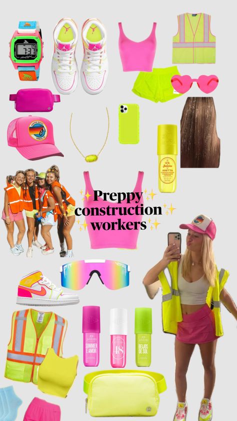 Last Minute Duo Halloween Costumes, Cute Construction Worker Outfit, Neon Construction Worker Costume, Neon Construction Worker, Construction Worker Outfit, Construction Worker Costume, Neon Party Outfits, Fun Halloween Outfits, School Spirit Days